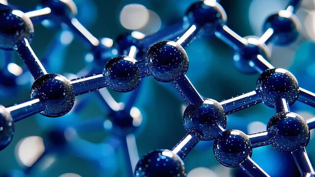 Detailed close-up of molecular structure with blue spheres, showcasing nanotechnology, chemistry, and atomic science in a laboratory setting.

