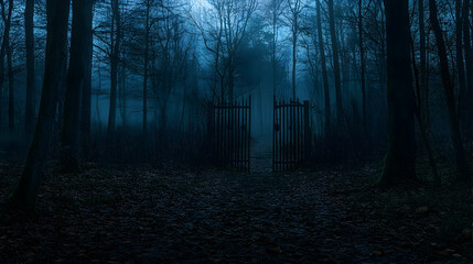 Fototapeta premium Eerie Open Gate in a Foggy Forest at Dusk With an Atmosphere of Mystery and Suspense. Generative AI