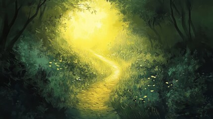 Obraz premium Journey from darkness to healing a winding path through a forest into a sunlit field of renewal