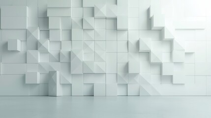 Fototapeta premium Futuristic High-Tech Interior, showcasing a light backdrop, featuring a diamond-shaped block structure and a textured wall adorned with a 3D diamond tile pattern.