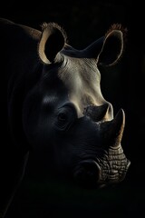 A powerful close-up image of a rhino's face, captured against a dark background, highlighting its rugged features.