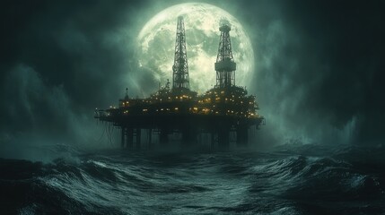 Oil Rig Under the Full Moon