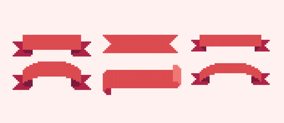 Red ribbon pixel art set. Waving, swirling gift tape collection. Empty banner 8 bit. Game development, mobile app. Isolated vector illustration.