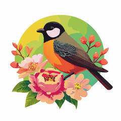 Vector illustration of a cute bird sitting on a branch with flowers.