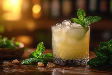 Cocktail Kentucky Mule pale yellow colored placed on the right side of the table with a mint sprig on the table. Blurred bar with sunlight in the background.