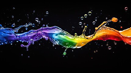 A splash of rainbow-colored liquid against a solid black background. Generative AI