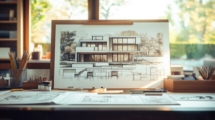 An architect's desk with sketches and drawings of a residential building. Generative AI