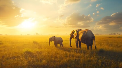 African elephants on vibrant savanna, mother and baby, lush green grasslands, bright blue sky, golden sunlight, wildlife photography, highly detailed, majestic atmosphere.