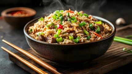 Beef fried rice in rustic ceramic bowl, wooden serving board, chopsticks, garnished with green onions, sesame seeds, vibrant colors, steam rising, gourmet presentation.