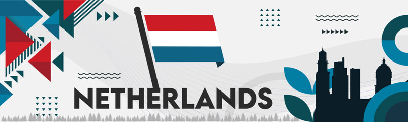 Netherlands national day banner design. Dutch flag background. Abstract geometric retro shapes. Holland Vector illustration.