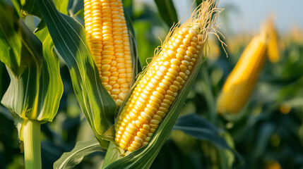 A ripe ear of corn on the stalk with bright yellow kernels and green leaves in a sunny cornfield