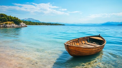 A wooden boat rests on the shore of a calm, blue lake. Mountains in the distance, clear sky with white clouds.