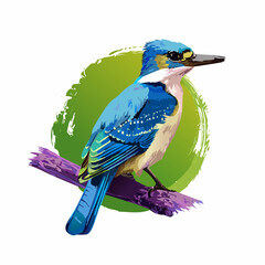 Blue Kingfisher bird on branch. Vector illustration in cartoon style