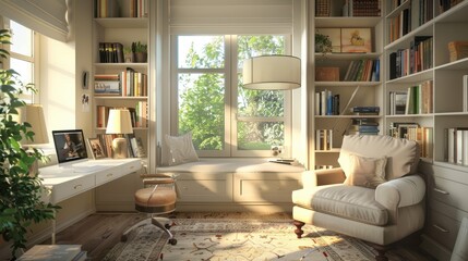 Serene Home Office Nook in Stylish Living Room Setting