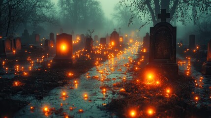 Enchanted Graveyard with Glowing Orbs at Dusk