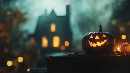 An empty scene featuring a blurred background with soft-focus haunted house and eerie shadows, creating an ideal product mockup space, 