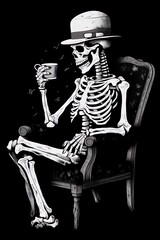 Minimalist Black Skeleton Chilling with a Gentleman style, Funny and Stylish Character on a Dark Black Background, Perfect for Halloween, Fashion, and Humorous Themes