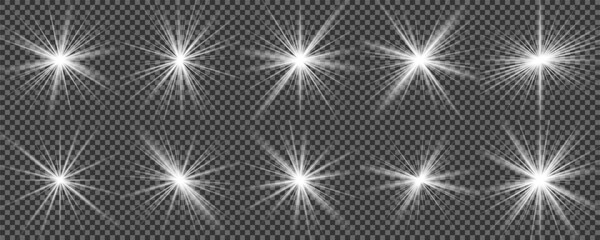 Fototapeta premium Light effect set. Glow isolated white transparent light effect set, lens flare, explosion, glitter, dust, line, sun flash, spark and stars, spotlight, curve twirl. Sunlight, abstract special effect.