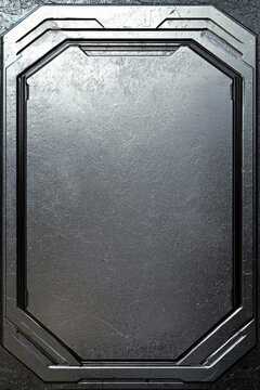A metallic silver background with a futuristic, angular frame, the center is blank