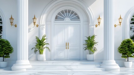 Naklejka premium Elegant white front door with classical architectural entrance, arched doorway, ornate moldings, white pillars, antique brass hardware, potted plants, symmetrical composition.