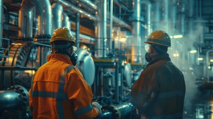 Fototapeta premium Workers in Safety Gear Overseeing Industrial Operations in a Factory Environment