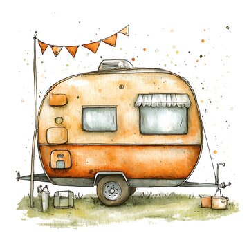 recommend clip art: Watercolor illustration of a vintage camper van with bunting flags.