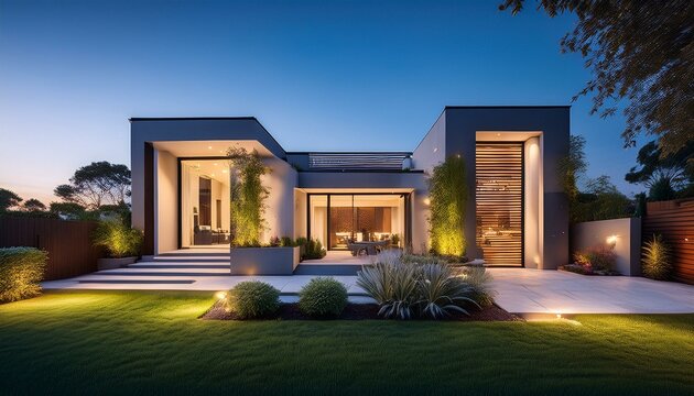 luxurious modern house exterior house illuminated by elegant lighting and garden in the evening