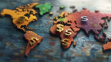 World Map with Currency Symbols A 3D model of a world map where each region has floating currency symbols like ¥, $, €, highlighting international trade and currency exchange. 