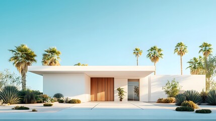Fototapeta premium Mid-century modern house entrance with white walls, bright sunlight, wooden sliding gate, flat roof, palm trees, desert landscaping, minimalist architecture.