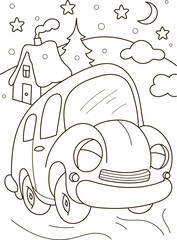 Coloring page outline of the cartoon big truck car. Colorful vector illustration, winter coloring book for kids.