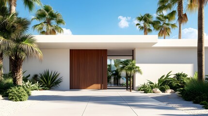 Fototapeta premium Mid-century modern house entrance with white walls, bright sunlight, wooden sliding gate, flat roof, palm trees, desert landscaping, minimalist architecture.