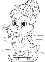 Coloring page outline of cartoon smiling cute fox. Colorful vector illustration, winters coloring book for kids.