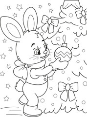 Coloring page outline of the cartoon smiling cute rabbit decorates a christmas tree. Colorful vector illustration, winter coloring book for kids.