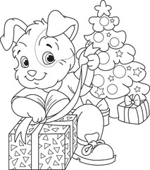 Coloring page outline of the cartoon smiling cute little dog with christmas tree and gifts. Colorful vector illustration, winters coloring book for kids.