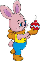 Coloring page outline of the cartoon smiling cute rabbit decorates a christmas tree. Colorful vector illustration, winter coloring book for kids.