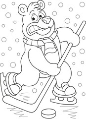 Coloring page outline of the cartoon cute bear plays hockey. Colorful vector illustration, winters coloring book for kids.