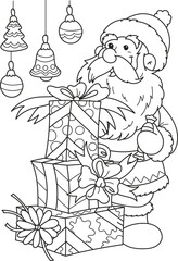 Coloring page outline of cartoon smiling cute Santa Claus with christmas gifts. Colorful vector illustration, winter coloring book for kids.