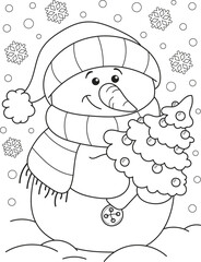 Coloring page outline of cartoon smiling cute christmas snowman. Colorful vector illustration, winters coloring book for kids.