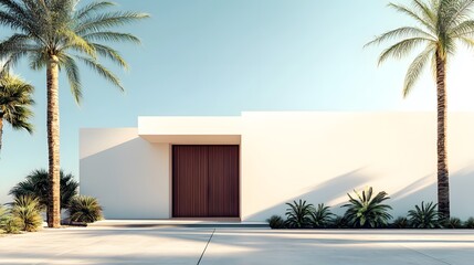 Fototapeta premium Mid-century modern house entrance with white walls, bright sunlight, wooden sliding gate, flat roof, palm trees, desert landscaping, minimalist architecture.