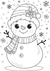 Coloring page outline of cartoon smiling cute christmas snowman. Colorful vector illustration, winters coloring book for kids.