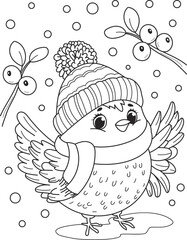 Coloring page outline of cartoon smiling cute little bird with snowflakes. Colorful vector illustration, winters coloring book for kids.