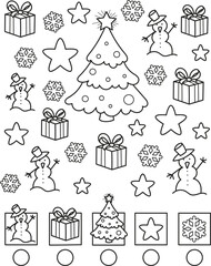 Coloring page outline of the cartoon snowman, christmas tree, snowflake, star, gift. Colorful vector illustration of educational game for preschool children, winters coloring book for kids.