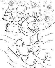 Connect the dots. Bear skiing. Coloring page outline of the cartoon numbers game. Colorful vector illustration of educational dot to dot game for preschool children, winters coloring book for kids.