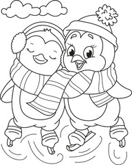 Coloring page outline of cartoon smiling cute two christmas penguins on ice skates. Colorful vector illustration, winter coloring book for kids.