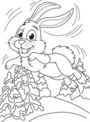 Coloring page outline of the cartoon smiling cute little rabbit. Colorful vector illustration, winters coloring book for kids.