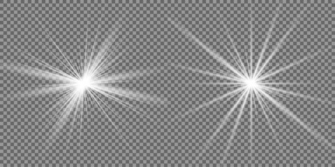 Obraz premium Light effect set. Glow isolated white transparent light effect set, lens flare, explosion, glitter, dust, line, sun flash, spark and stars, spotlight, curve twirl. Sunlight, abstract special effect.