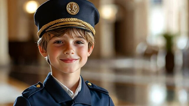 Young Boy Dressed as a Police Officer Smiles in a Grand Setting Generative AI