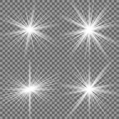 Fototapeta premium Light effect set. Glow isolated white transparent light effect set, lens flare, explosion, glitter, dust, line, sun flash, spark and stars, spotlight, curve twirl. Sunlight, abstract special effect.