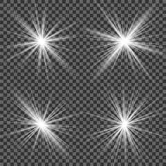 Light effect set. Glow isolated white transparent light effect set, lens flare, explosion, glitter, dust, line, sun flash, spark and stars, spotlight, curve twirl. Sunlight, abstract special effect.