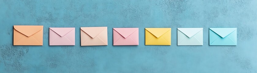 Colorful envelopes in a row on a blue textured background, representing communication, mail, and organization.